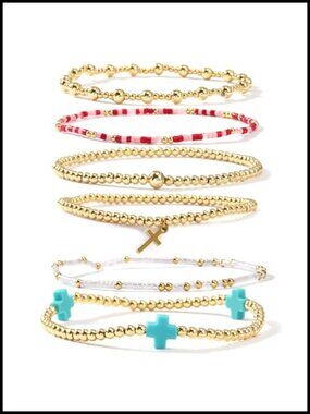 Gold Cross Charm Stretch Bead Bracelet Women Stackable Boho